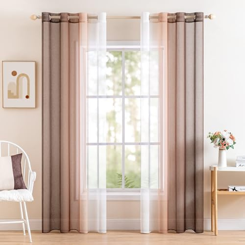 MIULEE Marrone Chiaro Tende Voile Occhielli Sfumato 2 Pannelli 140x300cm | Tenda voile in poliestere trasparente, luce diffusa delicata, finitura occhielli, adatta per ambienti domestici