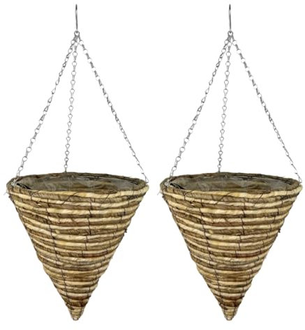 ADEPTNA Set of 2 Cone Garden Hanging Baskets 12 Inches - Natural Basket Hanging Plants Wall Flower Planter Pot with Detachable Hanging Chain for Home Garden Decoration (ROPE BASKETS)
