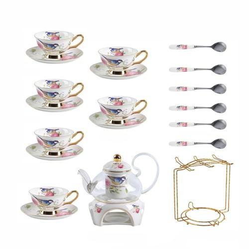 HSTWODE - 21 Piece European Flower Tea Set, Pattern Bone China Tea Set, Service Coffee Set, Heated Glass Teapot, for Gift and Household, Wedding (Bird and Flower Pattern)
