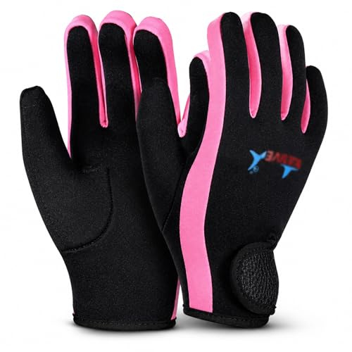 CHEOTIME 1 Pair Diving Gloves, 1.5mm Neoprene Gloves Thermal Anti Slip Wetsuit Gloves for Men Women Five Finger Dive Gloves Snorkeling Swimming Surfing Sailing (S-Black Pink)