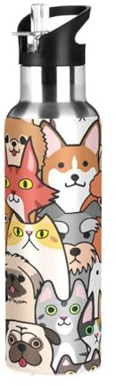 Ksajwzf Dog Print Insulated Water Bottle Stainless Steel Kids Sport Thermos Jug with Straw Lid Animal Puppy Dogs Water Flask Leakproof Thermos Bottle for Bike Running Walking Outdoor 20 Oz