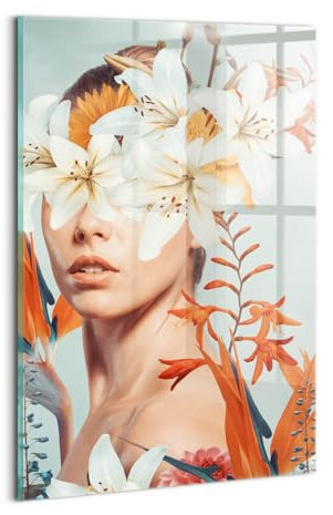 Wallfluent Glasbild Mit Motiv Gehärtetes Glas Bild Dicke 4mm 20x30cm Wanddekoration Für die Küche Badezimmer und Schlafzimmer Wandbild - Abstrakte Frau mit Blumen