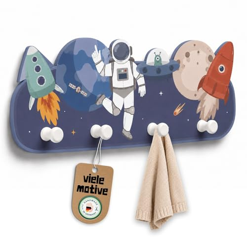 Perchero mural asdrøm con 4 ganchos - Perchero mural con astronauta espacial para habitación infantil - Perchero de madera - Perchero para niños «asdrøm» para perforar - Gancho en