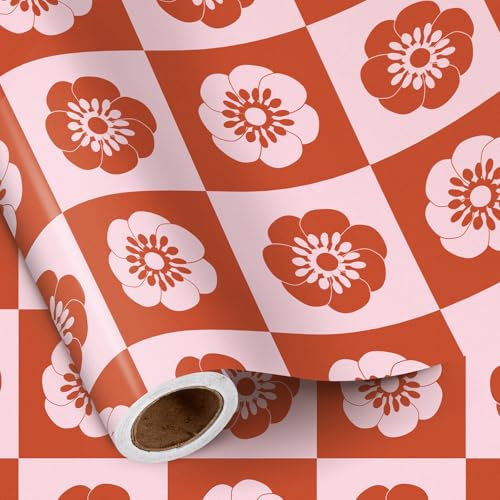 RUSPEPA Retro-Boho-Geschenkpapierrolle,rosa und orangefarbenes Blumen-SchachbrettDesign, Vintage-Geschenkpapier mit Blumen für Frühling, Geburtstage, Boho-Geschenke und Frühlingsgeschenke, 43,2cm x 5m