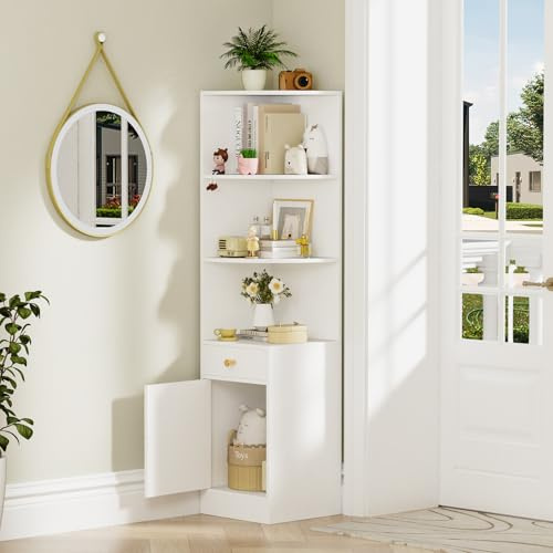 HaodaCulture Bücherregale, Eckbücherregal, 3 Offenen Fächern und 2 Schubladen, Büroregal, Standregal, Freistehend, Dekoregal, zur Präsentation, Bücherregal weiß 38x38x161cm