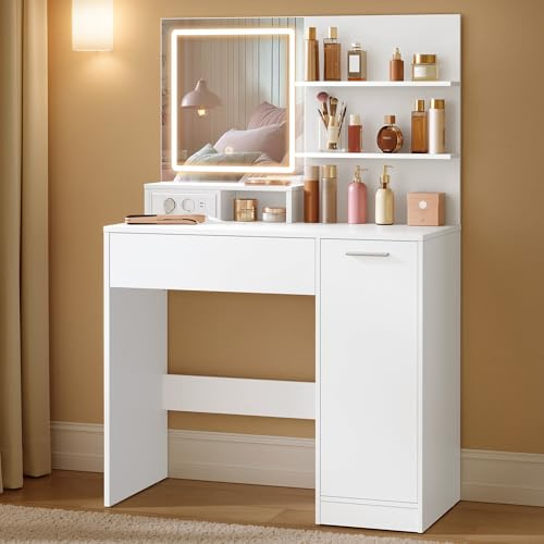 VASAGLE Kailyn Collection – Sminkbord med LED-spegel, med grenuttag, sminkbord, skåp med 2 justerbara hyllor, 1 låda, 2 öppna hyllor, skönhetshörna, modern, vit RDT138W01