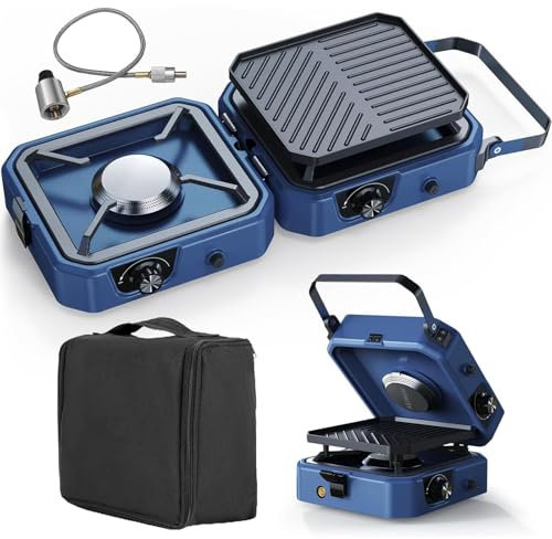 RéChaud De Camping à Gaz Portable, 16 000 Btu, RéChaud De Camping à Gaz Pliable Avec Plaque Chauffante, 2 BrûLeurs RéGlables Et Allumage PiéZo, Pour Camping Et RandonnéE