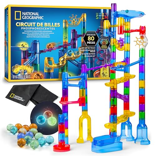 NATIONAL GEOGRAPHIC Glowing Marble Run – 80-Piece Construction Set with 15 Glow-in-the Dark Glass Marbles, Creative STEM Toys, Building Project Toy