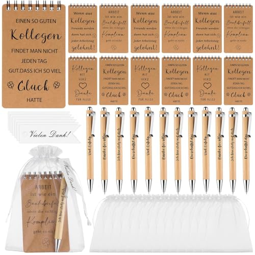 Augenstern 12 Sets Dankeschön Geschenke Klein Holzkugelschreiber mit Spruch und Spirale Notizblock Kleine Geschenke Abschiedsgeschenk für Kollegen Mitarbeiter Lehrer Erzieher
