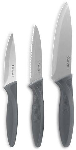 Culinare Set di 3 Coltelli, Grigio, Acciaio Inox, Varie Dimensioni, 3 Coltelli da Cucina, Taglio Preciso/Presa Salda/Manico Antiscivolo, Lavabile in Lavastoviglie