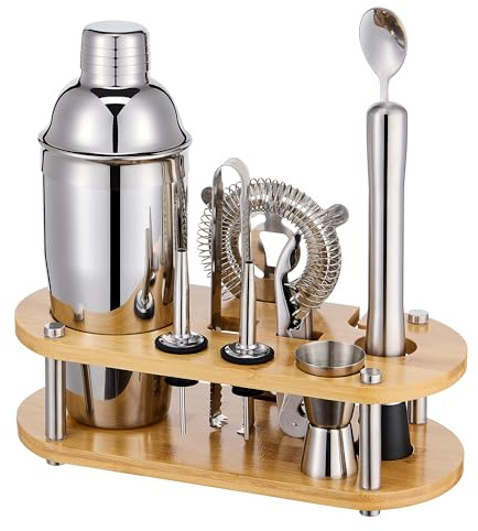 Cocktail Shaker Set Bartender Kit - 11 Pcs Bar Tool Set with Bamboo Stand & All Bar Accessories: Martini Shaker, Strainer,Jigger, Muddler, Mixer Spoon Barware Kit, for Bar, Home Lounge & Party