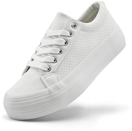 sharllen Femmes Plateforme Trainers Dames Chunky Mode Sneakers PU Cuir Basse Top Lace Up Chaussures Casual Chaussures de Tennis(White with Holes 265)