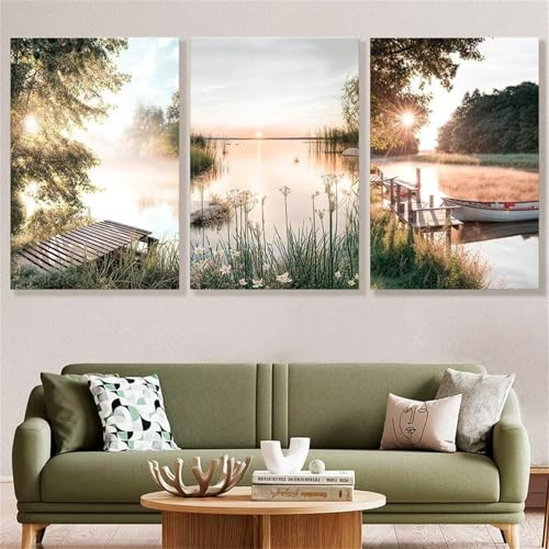 AQCQDQ 3er Poster Set Natur, Moderne Landschaft Bilder Grün Aesthetic Wandbilder, See Blume Sonnenuntergang Wohnzimmer Schlafzimmer Wandkunst, Ohne Rahmen Leinwand (50x70 cm)