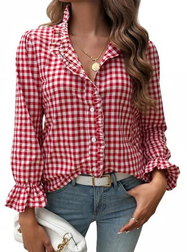 MINTLIMIT Womens Plaid Blouse Peasant Ruffle Neck Button Down Plaid Puff Long Sleeve Gingham Blouse Shirts