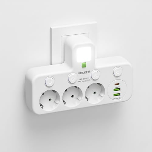 VOLKEN Multiprise Murale 7 en 1 : Bloc 3 Prises françaises + 3 Ports USB (1 USB-C PD20W) + Lampe LED, Multiprise électrique avec Interrupteur, Charge Rapide, Adaptateur Secteur Bureau Maison Voyage