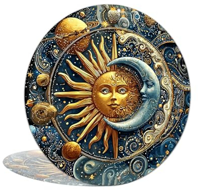 Vintage Metal Tin Sign Celestial Sun and Moon in Cosmic Design Aluminum Round Poster with Elegant Imagery Retro Vintage Look Wall Decor for Bar Cafe Beach Office House Backyard Home 8x8 Inch (25148)