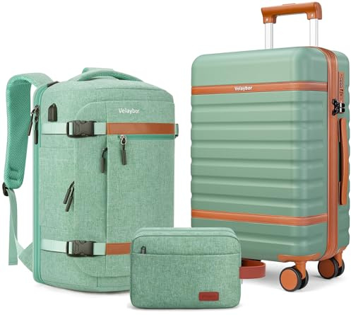 Velaybor Luggage Sets 3 Piece with Spinner Wheels, Lightweight PC Hardside Suitcase with TSA Lock & YKK Zippers, 20 Inch Carry On Luggage with Travel Bag for Men and Women, Green