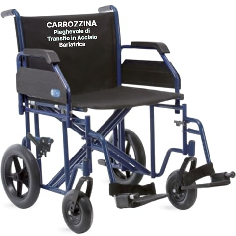 REMEDIA ONE - Carrozzina Pieghevole di Transito in Acciaio Blu - Sedia a Rotelle per Anziani e Disabili Bariatrica