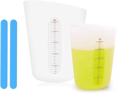 2 vasos medidores, vasos medidores de 250 ml/500 ml para resina, con 2 varillas de silicona para mezclar,con escala