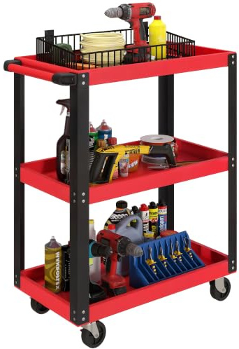 HOMCOM Werkstattwagen mit 3 Etagen 4 Rollen leer, 70,5x35x82,5cm, Rot | Werkzeugwagen, Transportwagen, Rollwagen mit Seitlicher Griff, Bis 120 kg Tragkraft, Metall