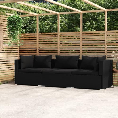 Teenpull 3-sitsig soffa, svart, rotting, trädgårdsmöbler, set med kudde, vattentät loungesoffa för terrass, balkong, utomhus