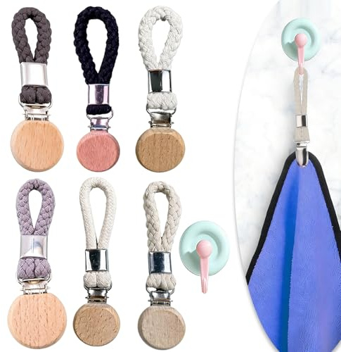 Lot de 6 crochets de suspension pour serviettes et crochets à ventouse bleus - Organiseur rond en bois - Crochet multifonction comme porte-torchons - Pinces à serviettes pour salle de bain et cuisine