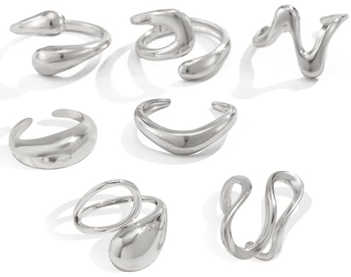 HTTDSLF 7 Stück Silber Verstellbar Ringe Damen, Stapeln Daumenring Fingerring, Chunky Fingerring Set Silber Männer Und Frauen, Wassertropfen Daumen Finger Umarmen Ringe, Geschenke für Frauen Schmuck