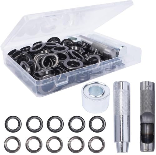 COEWUR 100 Sets Eyelet Punch Kit 20mm Grommet Punch Kit with Grommet Tool | Black Metal Tarpaulin Eyelet Kit with Grommet Setting Tool Storage Box for Curtains Canvas Fabric Leather Clothing Shoes