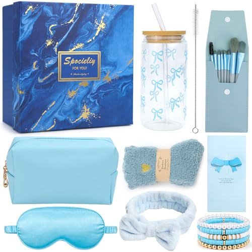 UGBO Geschenke für Mädchen Teenager 9 10 11 12 13 14 15 Jahre Geburtstagsgeschenk für Frauen Trinkgläser mit Deckel Strohhalm Schminkpinsel Kosmetiktasche Armband Socken Haarband 11 tlg Blau
