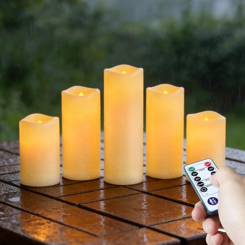 Homemory Outdoor Wasserdicht Kerzen mit Fernbedienung, Elfenbein, 5er-Set