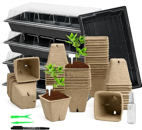 SYBYZF Seed Starter Kit –Complete Set for Indoor & Outdoor Gardening | Include 100 Biodegradable Seed Pots, 5 Seed Trays with Crystal Lids, 20 Plant Labels, 2 Tools, 1 Marker & 1 Spray Bottle