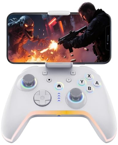 Kabelloser Gaming Controller für iPhone/Android/Switch/Laptop, kabelgebundene Pro Controller für PC/Steam, Programmierbares Gamepad mit Handy-Clip für Gamer, mit RGB-Lichteffekten/Turbo/Vibration
