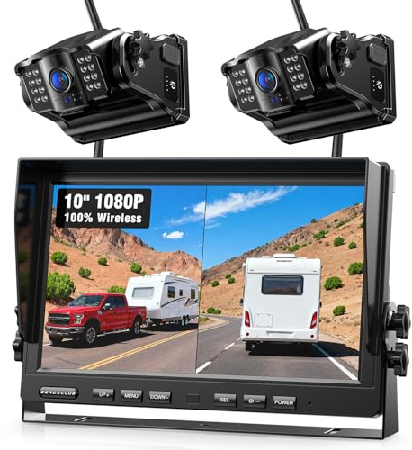 2 Magnetische Rückfahrkamera Kabellos 10 Zoll 1080P FHD Monitor | 9600mAh Wiederaufladbare Akku, 1-Min Einrichtung, IP69K Wasserdicht Rückfahrkameras für Wohnmobile,Anhänger und LKWs