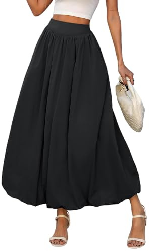 Bubble Maxi Skirts for Women 2025 Y2k Elastic Low Waist A Line Puffy Hem Ruffle Pleated Casual Summer with Pockets Balloon (Black,XL)