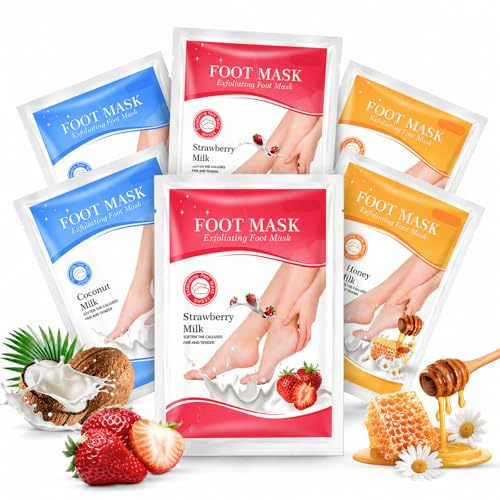 BZURTER Mascarilla Exfoliante Pies 6 Pares – Calcetines Exfoliantes Quita Durezas con 2x Coco, Fresa y Miel – Cuidado Suave para Talones Secos y Agrietados, Hidratante, Spa en Casa Mujer y Hombre
