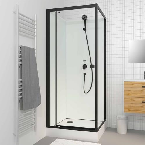 Cabine de douche carrée 80x80x200 cm - Porte pivotante - Fonds Blancs & Profilés Noir Mat