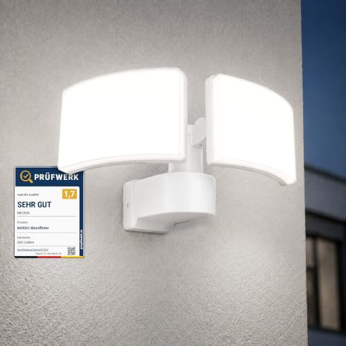 SSC-LUXon NORSU Wandstrahler weiß IP65 Doppelstrahler neutralweiß inkl LED | Zweiflammiger Wandfluter weiß - schwenkbar, neutralweiß, mit Durchgangsverdrahtung & Eck-Adapter, für Fassade & Carport, IP65
