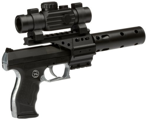 PARTY DISCOUNT J.G.Schrödel PB 001: Spielzeugpistole für Zündplättchen,mit Schalldämpfer und Ziffernrohr, ideal für das Polizeikostüm, 13 Schuss, 29 cm, schwarz (307 0100)