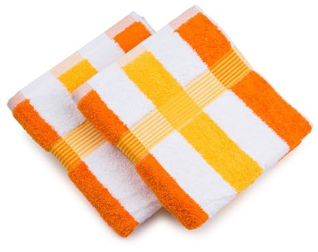 Gözze - New York Streifen Handtuch, 2er Set, Weiches und saugfähiges Handtuch, 100% Baumwolle, 50 x 100 cm - Orange/Weiß/Gelb