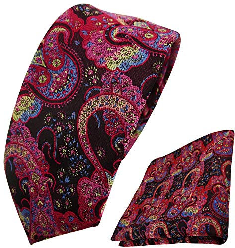 TigerTie - schmale Designer Krawatte Designer Einstecktuch in rot dunkelrot rosa blau Paisley gemustert