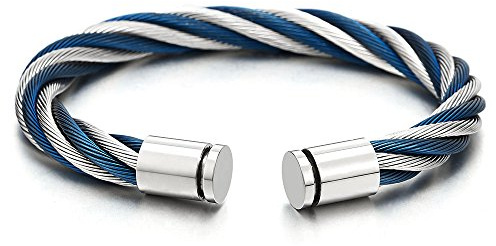 COOLSTEELANDBEYOND Große Elastische Verstellbare-Edelstahl Herren Damen Armband Verdrehten Stahlkabel Armreif, Blau Silber Zweifarbig