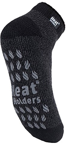 HEAT HOLDERS - Mens Non Skid Low Cut Thermal Ankle Slipper Socks with Grippers (7-12 US, LC Black/Charcoal)