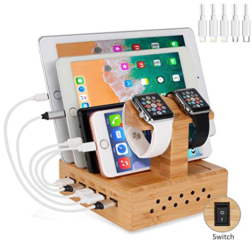 Yisen Mobile Phone Wood Out Bamboo USB Charging Station, Universal Charger Docking Station, DIY Assemble Organiser Holder for Apple iWatch / iPhone / iPad / Cellphone / Tablets (PAL Power Cable)
