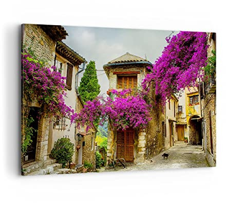 ARTTOR Leinwandbild 100x70cm Wandbild Architektur Botanik - 3589 | Straße Sommer Blumen Groß Wanddekoration Wohnzimmer Schlafzimmer Küche Wanddeko Wand Kunstdruck Wandkunst Wall Decor ARTTOR