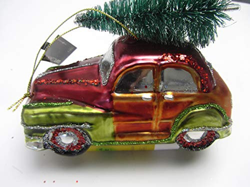 Gift Company - Hänger Auto m. goldenem Weihnachtsbaum - rot/orange/grün - Glas/Plastik - 13x10x6,3cm
