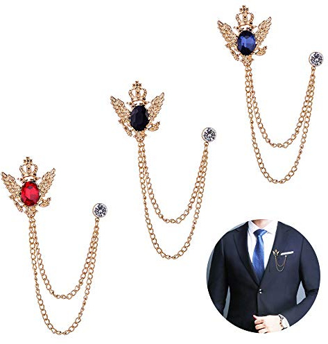Huture 3PCS Men's Brooch Suit Pin Badge with Chains Buckle Chain Collar Lapel for Men Shirt Decoration Metal Clips Women Tuxedo Tie Hat Scarf
