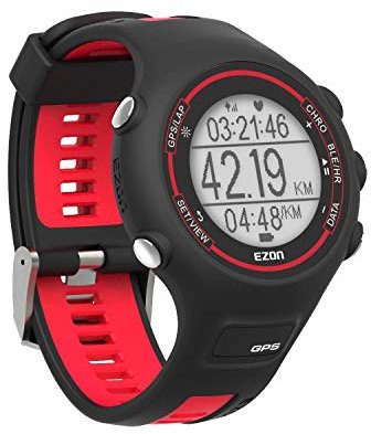 EZON Men's Digital Sports Watches GPS Running Smart Watch with Wrist-based Optical Heart Rate Monitor, Pedometer, Stopwatch, Bluetooth, 5ATM Waterproof (Red)