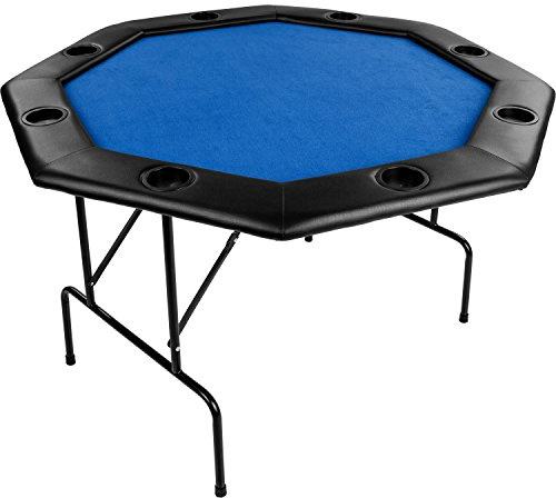 GAMES PLANET Faltbarer Pokertisch „Flush“ für bis zu 8 Spieler, achteckig, Maße 120x120 cm, MDF Platte, gepolsterte Armauflage, 8 Getränkehalter, Tuchfarbe blau