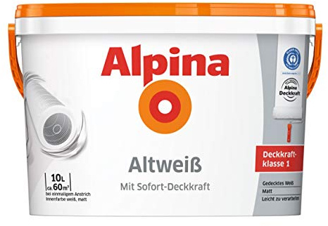 Alpina 5 L. &10 L. weiße Wandfarben für Innen, verschiedene Eigenschaften (10 Liter, Alpina Altweiß - gedecktes Weiß)