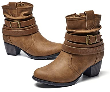 VJH confort Women's Mid Calf Boots,Round Toe Comfort Low Heel Slouchy Dress Booties with Buckle Strap Side Zipper (camel,6)